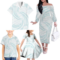 White Sunday Lotu Tamaiti Family Matching Off The Shoulder Long Sleeve Dress and Hawaiian Shirt Polynesian Wave Pastel Cyan LT9 - Polynesian Pride