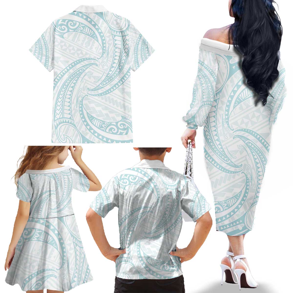 White Sunday Lotu Tamaiti Family Matching Off The Shoulder Long Sleeve Dress and Hawaiian Shirt Polynesian Wave Pastel Cyan LT9 - Polynesian Pride