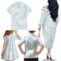 White Sunday Lotu Tamaiti Family Matching Off The Shoulder Long Sleeve Dress and Hawaiian Shirt Polynesian Wave Pastel Cyan LT9 - Polynesian Pride