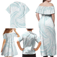 White Sunday Lotu Tamaiti Family Matching Off Shoulder Maxi Dress and Hawaiian Shirt Polynesian Wave Pastel Cyan LT9 - Polynesian Pride