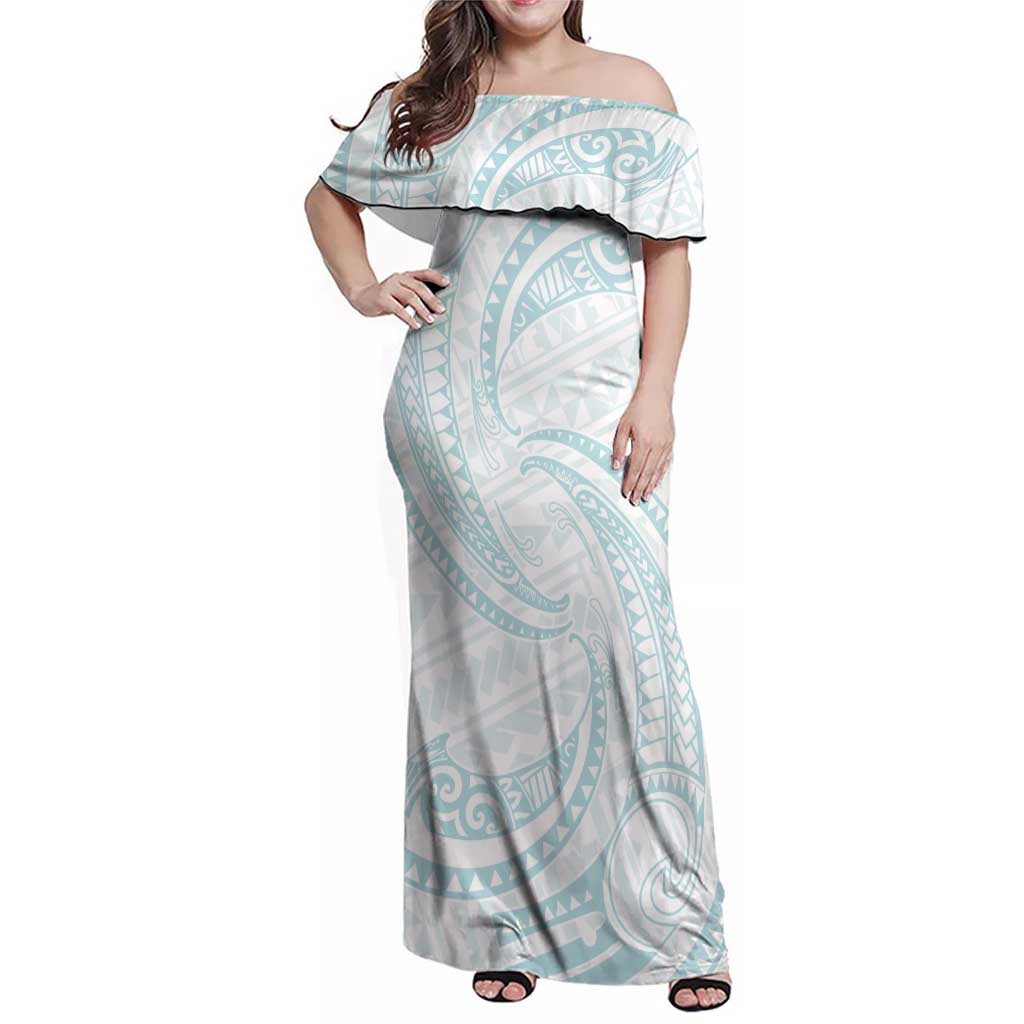White Sunday Lotu Tamaiti Family Matching Off Shoulder Maxi Dress and Hawaiian Shirt Polynesian Wave Pastel Cyan LT9 Mom's Dress Cyan - Polynesian Pride