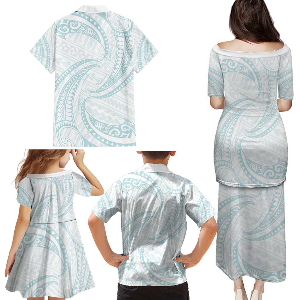 White Sunday Lotu Tamaiti Family Matching Puletasi and Hawaiian Shirt Polynesian Wave Pastel Cyan LT9 - Polynesian Pride