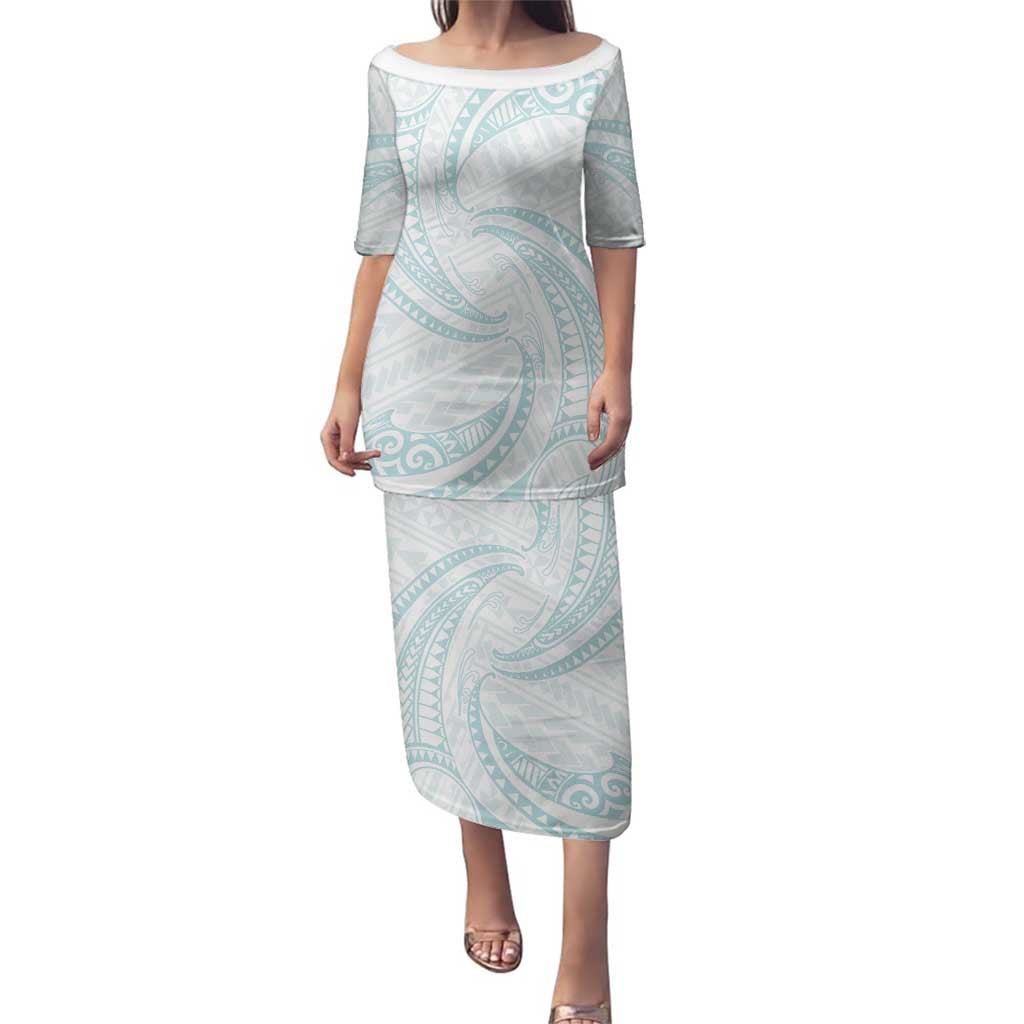 White Sunday Lotu Tamaiti Family Matching Puletasi and Hawaiian Shirt Polynesian Wave Pastel Cyan LT9 Mom's Dress Cyan - Polynesian Pride