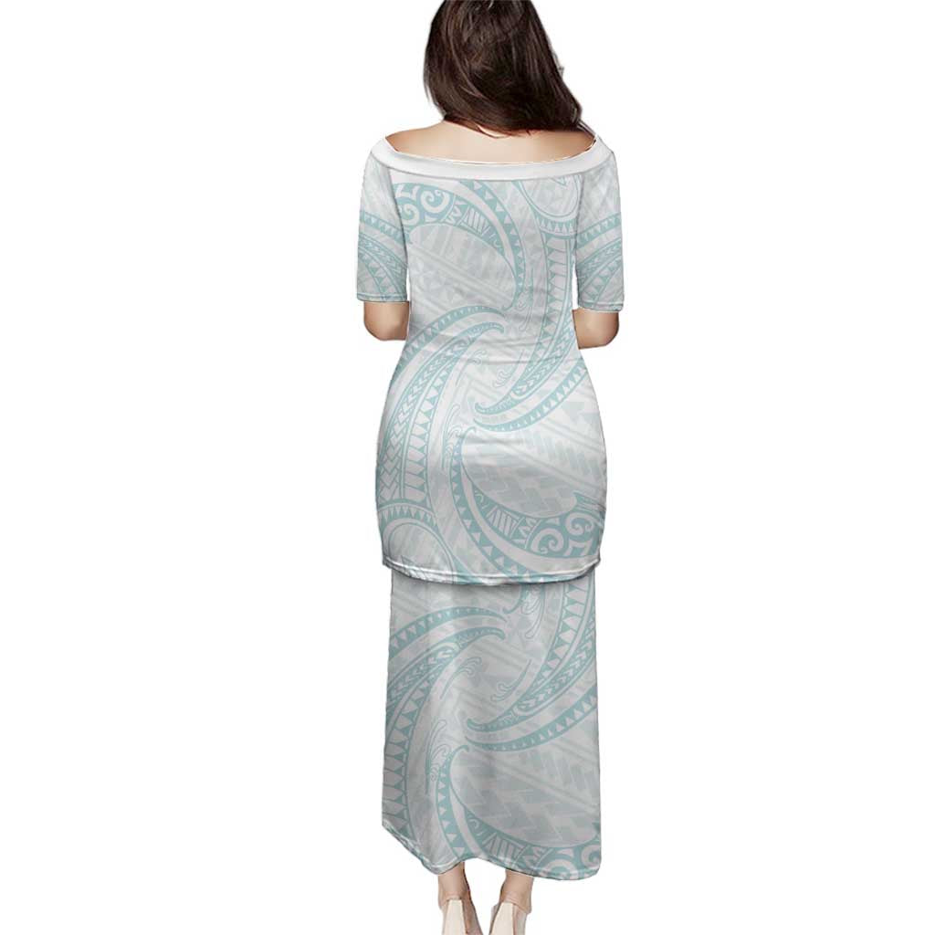 White Sunday Lotu Tamaiti Family Matching Puletasi and Hawaiian Shirt Polynesian Wave Pastel Cyan LT9 - Polynesian Pride