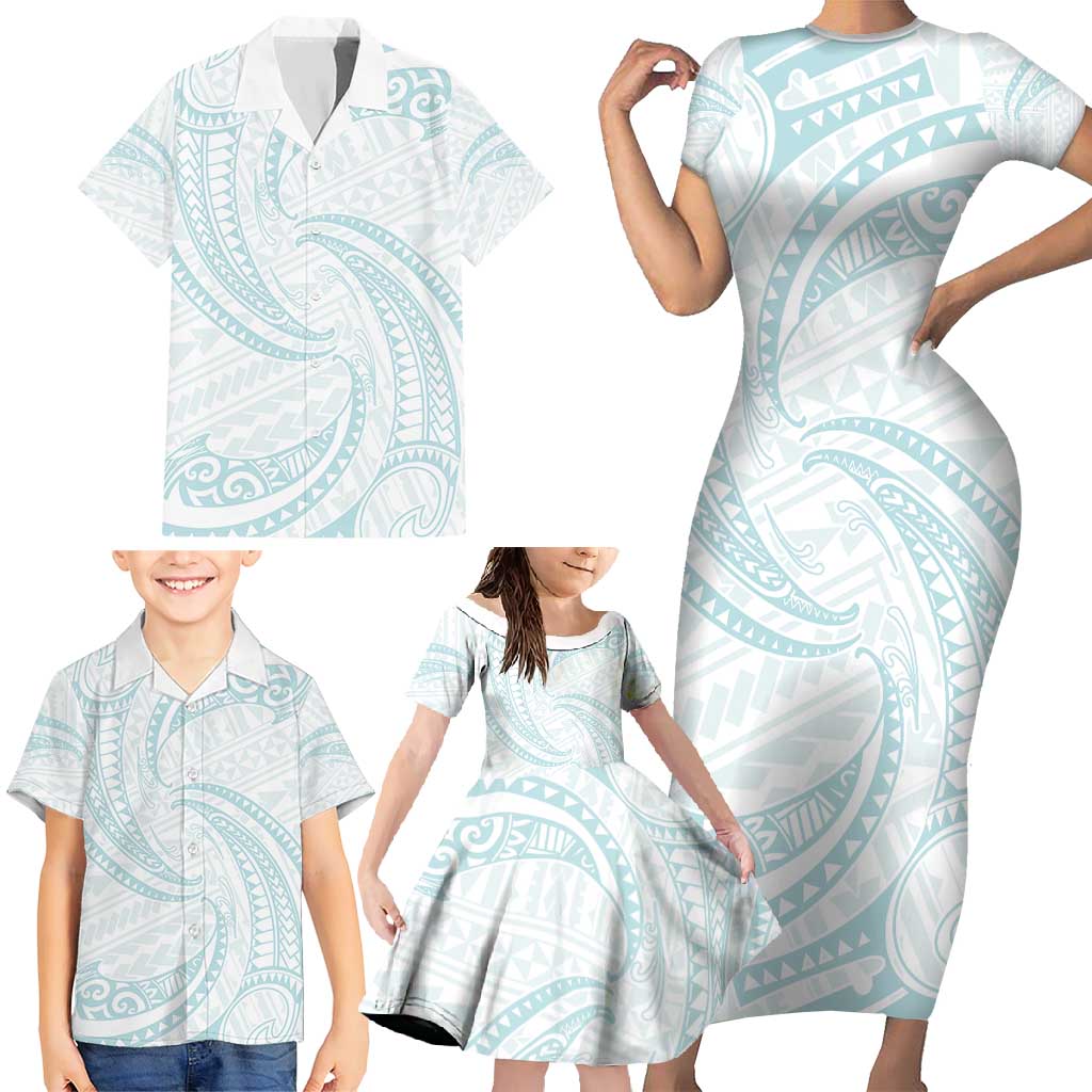White Sunday Lotu Tamaiti Family Matching Short Sleeve Bodycon Dress and Hawaiian Shirt Polynesian Wave Pastel Cyan LT9 - Polynesian Pride
