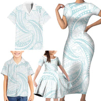 White Sunday Lotu Tamaiti Family Matching Short Sleeve Bodycon Dress and Hawaiian Shirt Polynesian Wave Pastel Cyan LT9 - Polynesian Pride