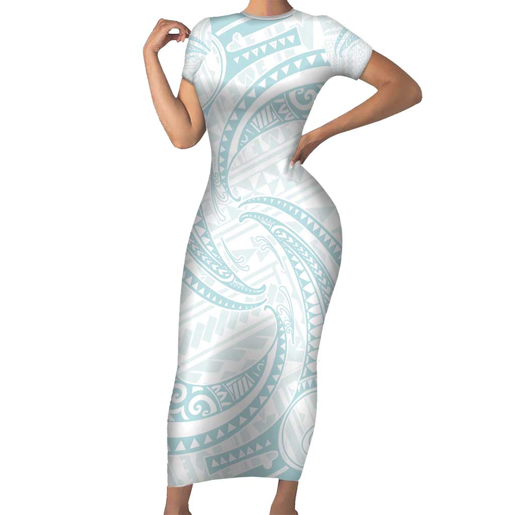 White Sunday Lotu Tamaiti Family Matching Short Sleeve Bodycon Dress and Hawaiian Shirt Polynesian Wave Pastel Cyan LT9 Mom's Dress Cyan - Polynesian Pride