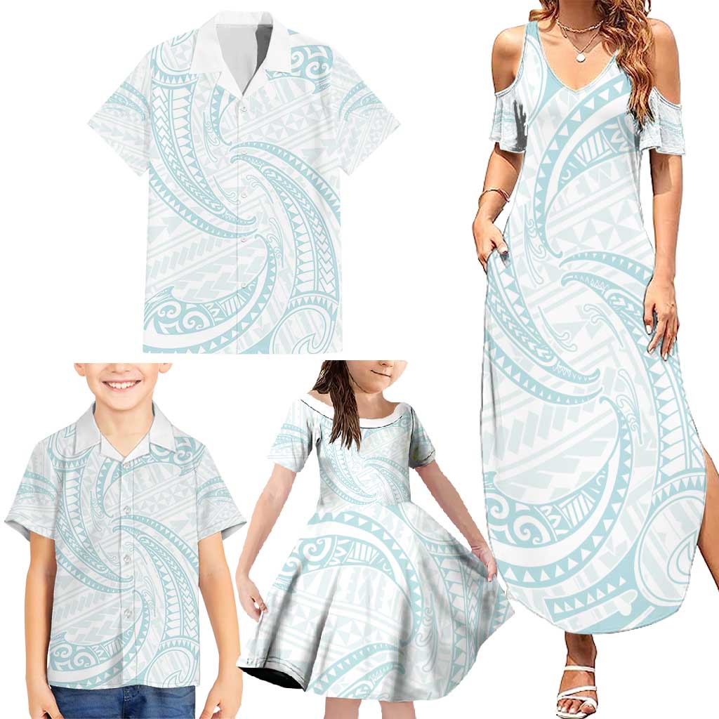 White Sunday Lotu Tamaiti Family Matching Summer Maxi Dress and Hawaiian Shirt Polynesian Wave Pastel Cyan LT9 - Polynesian Pride
