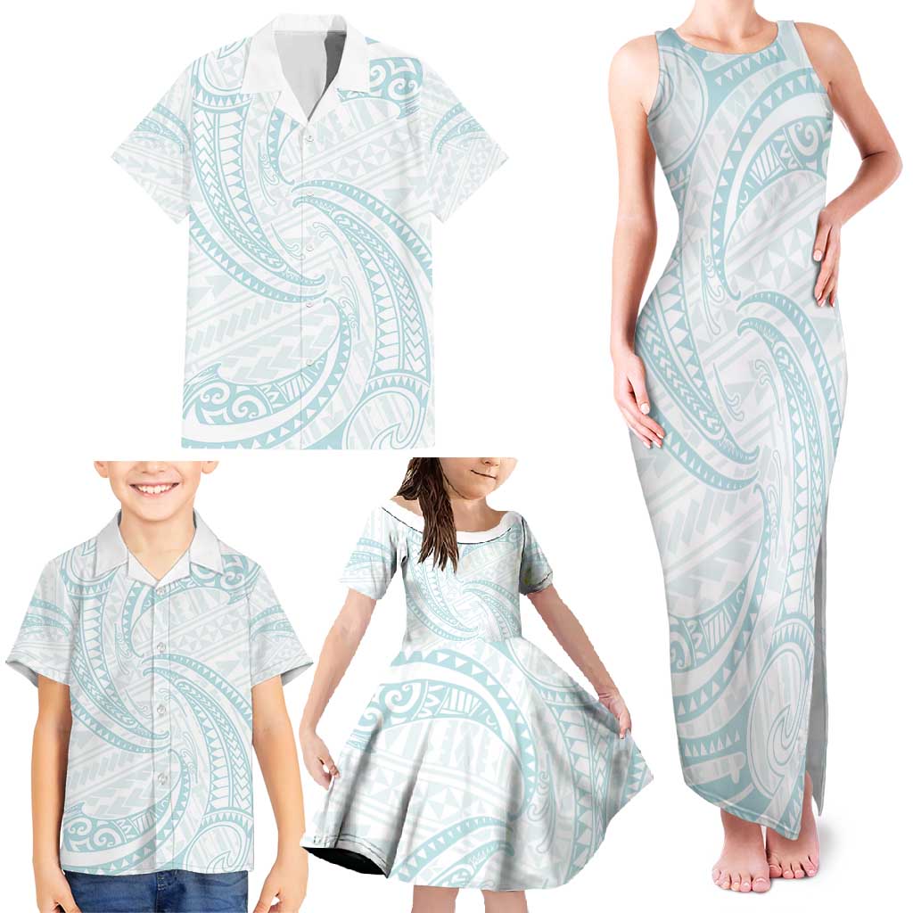White Sunday Lotu Tamaiti Family Matching Tank Maxi Dress and Hawaiian Shirt Polynesian Wave Pastel Cyan LT9 - Polynesian Pride