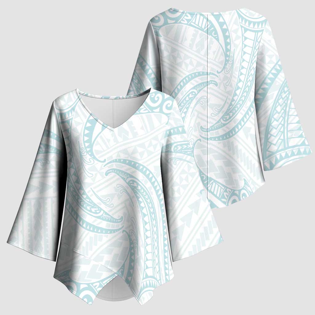 White Sunday Lotu Tamaiti Kimono Sleeve Blouse Polynesian Wave Pastel Cyan - Polynesian Pride