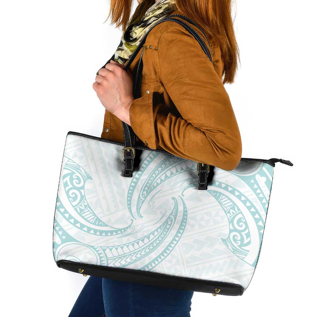 White Sunday Lotu Tamaiti Leather Tote Bag Polynesian Wave Pastel Cyan - Polynesian Pride