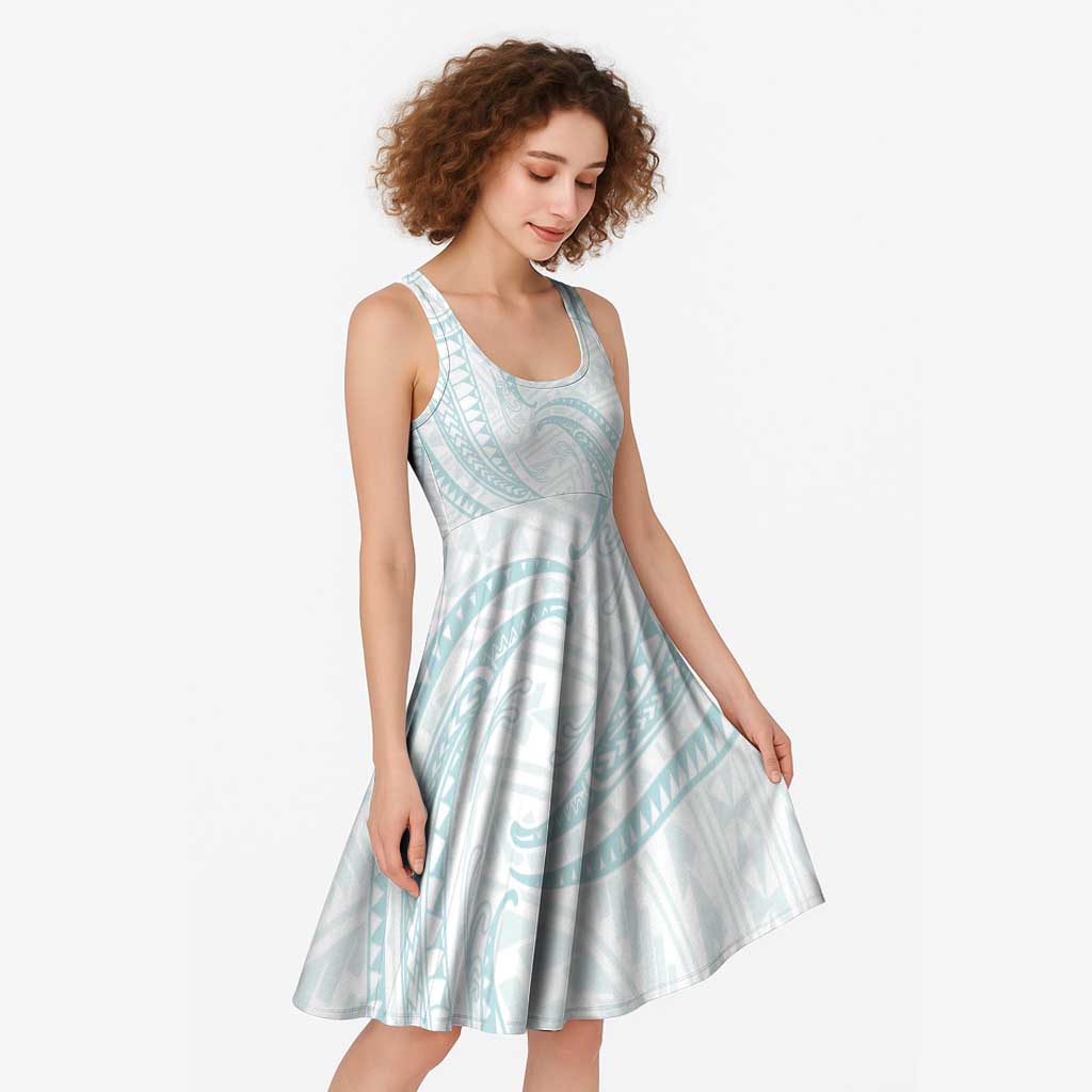 White Sunday Lotu Tamaiti Midi Dress Polynesian Wave Pastel Cyan - Polynesian Pride
