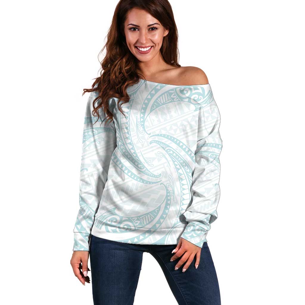 White Sunday Lotu Tamaiti Off Shoulder Sweater Polynesian Wave Pastel Cyan LT9 Women Cyan - Polynesian Pride