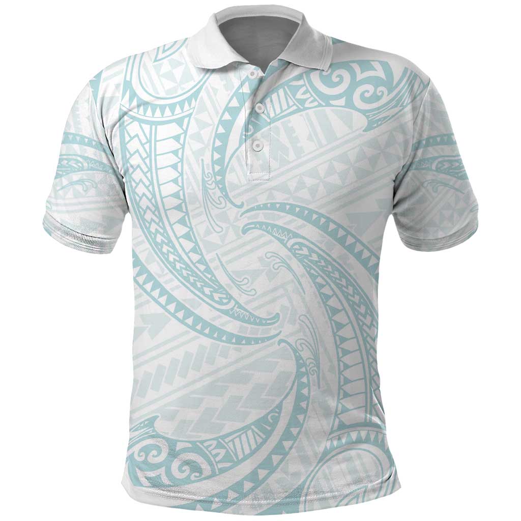 White Sunday Lotu Tamaiti Polo Shirt Polynesian Wave Pastel Cyan - Polynesian Pride