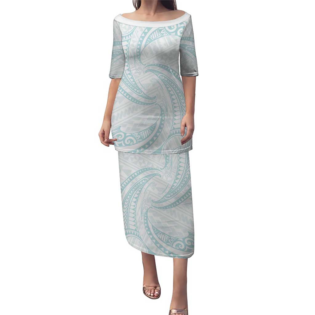 White Sunday Lotu Tamaiti Puletasi Polynesian Wave Pastel Cyan - Polynesian Pride