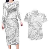 White Sunday Lotu Tamaiti Couples Matching Long Sleeve Bodycon Dress and Hawaiian Shirt Polynesian Wave Pastel Gray LT9 Gray - Polynesian Pride
