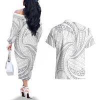 White Sunday Lotu Tamaiti Couples Matching Off The Shoulder Long Sleeve Dress and Hawaiian Shirt Polynesian Wave Pastel Gray LT9 - Polynesian Pride