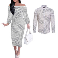 White Sunday Lotu Tamaiti Couples Matching Off The Shoulder Long Sleeve Dress and Long Sleeve Button Shirt Polynesian Wave Pastel Gray LT9 Gray - Polynesian Pride