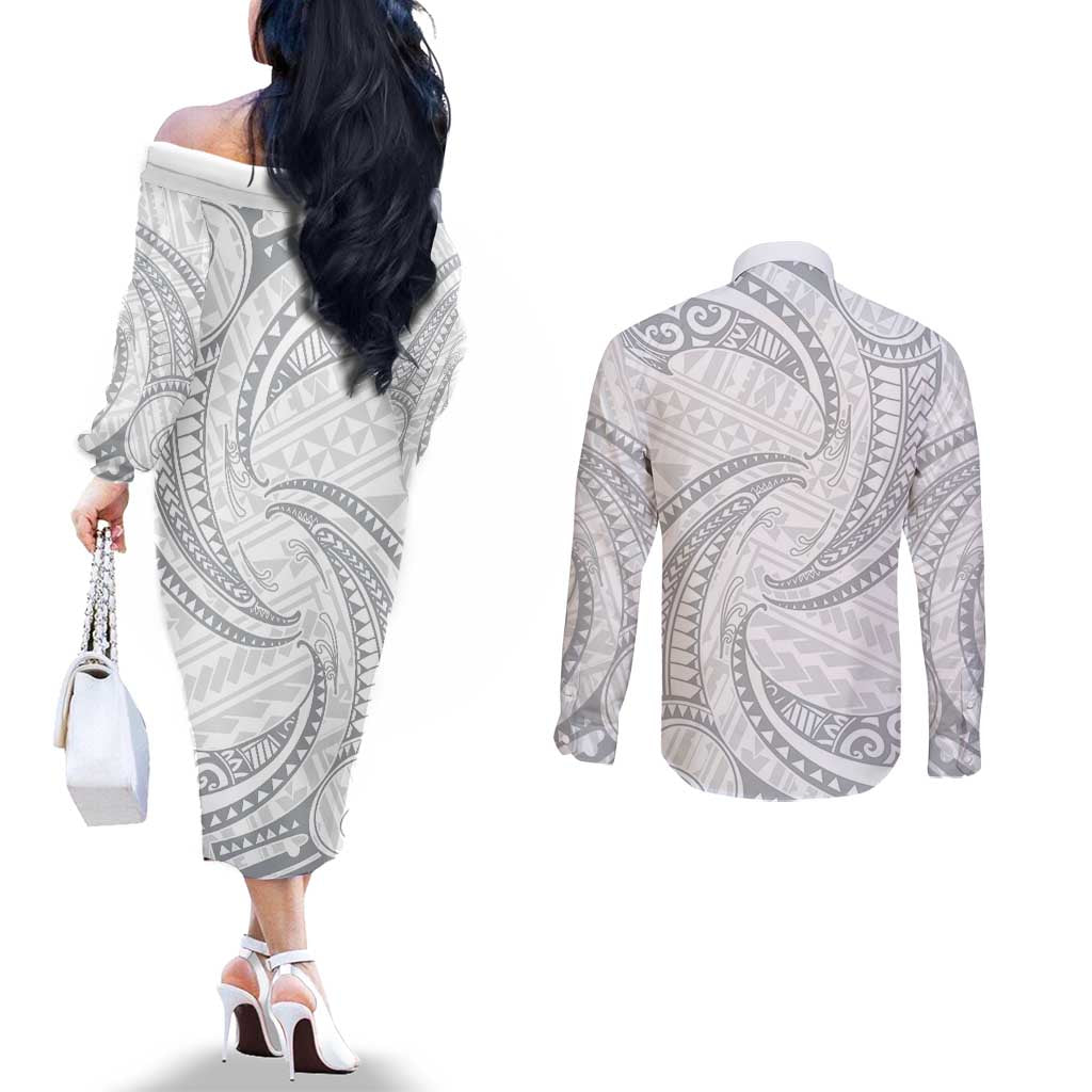 White Sunday Lotu Tamaiti Couples Matching Off The Shoulder Long Sleeve Dress and Long Sleeve Button Shirt Polynesian Wave Pastel Gray LT9 - Polynesian Pride
