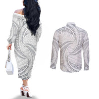 White Sunday Lotu Tamaiti Couples Matching Off The Shoulder Long Sleeve Dress and Long Sleeve Button Shirt Polynesian Wave Pastel Gray LT9 - Polynesian Pride