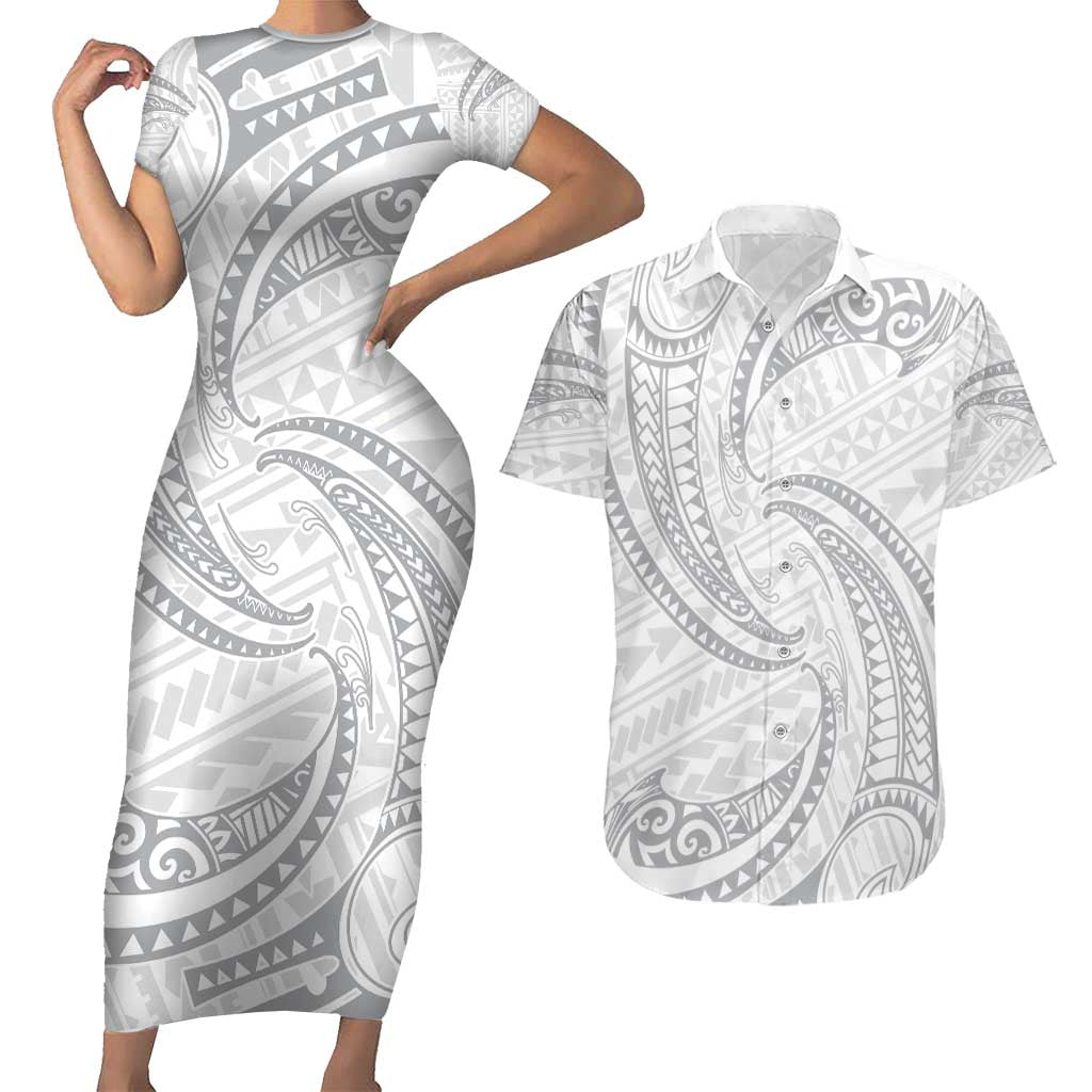 White Sunday Lotu Tamaiti Couples Matching Short Sleeve Bodycon Dress and Hawaiian Shirt Polynesian Wave Pastel Gray LT9 Gray - Polynesian Pride