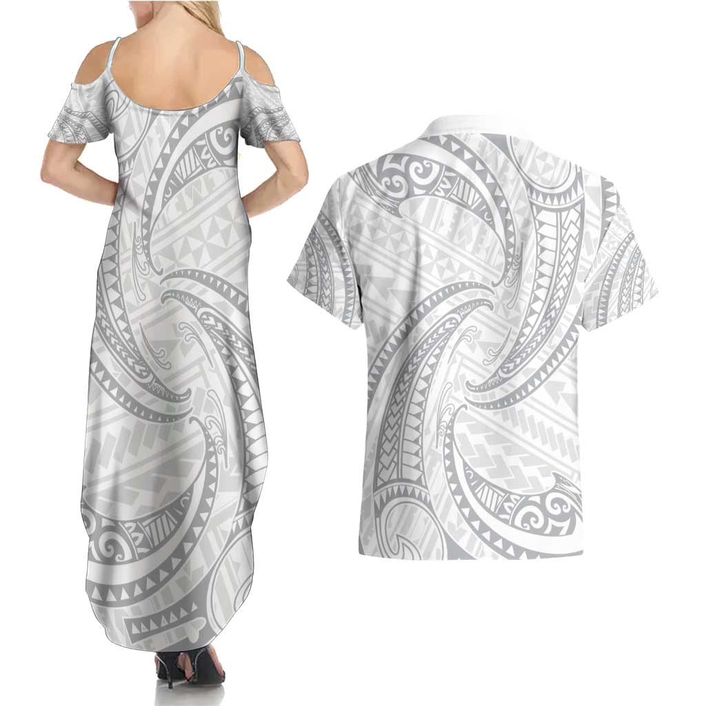 White Sunday Lotu Tamaiti Couples Matching Summer Maxi Dress and Hawaiian Shirt Polynesian Wave Pastel Gray LT9 - Polynesian Pride