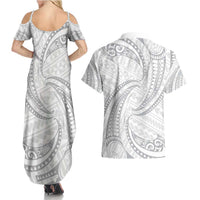 White Sunday Lotu Tamaiti Couples Matching Summer Maxi Dress and Hawaiian Shirt Polynesian Wave Pastel Gray LT9 - Polynesian Pride