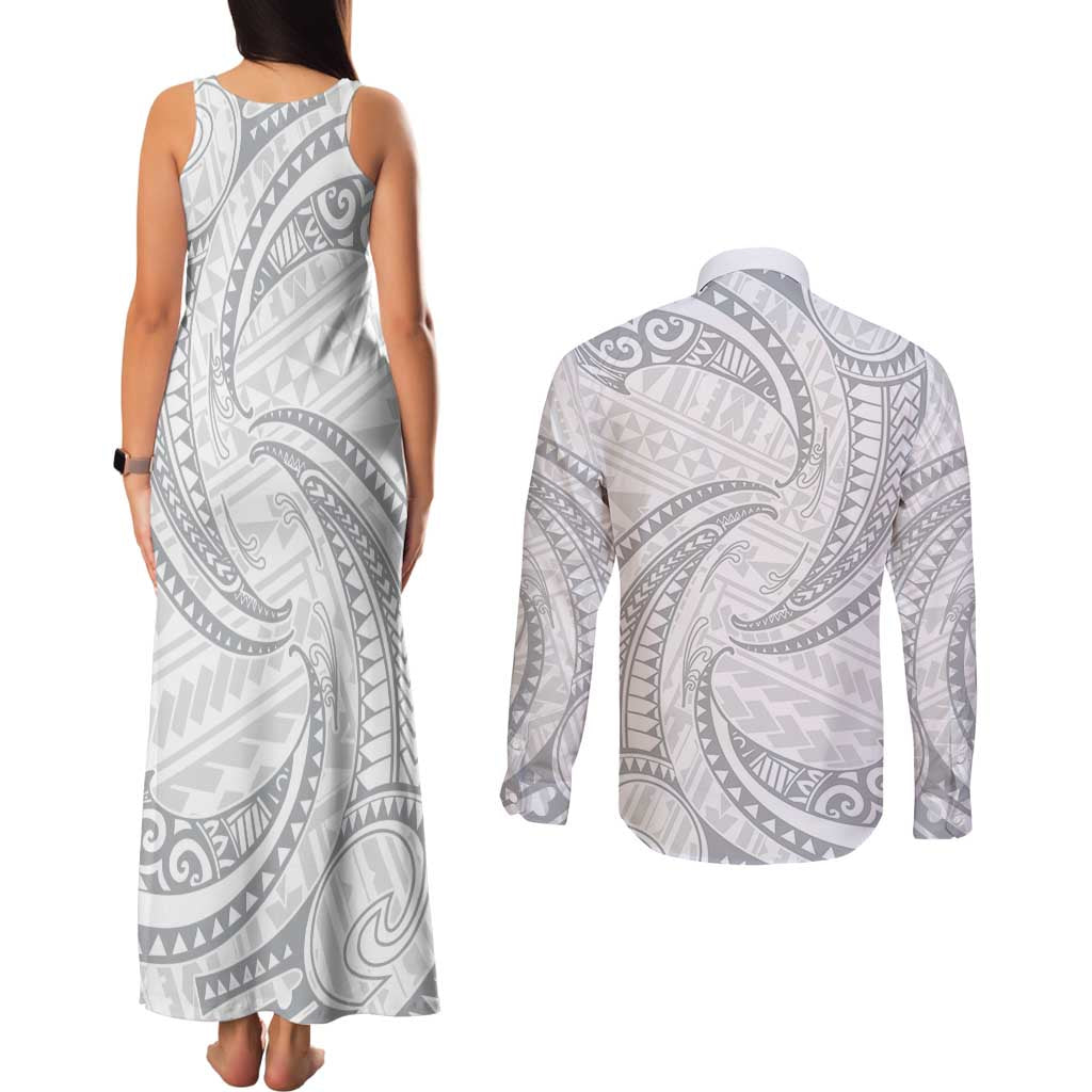 White Sunday Lotu Tamaiti Couples Matching Tank Maxi Dress and Long Sleeve Button Shirt Polynesian Wave Pastel Gray - Polynesian Pride