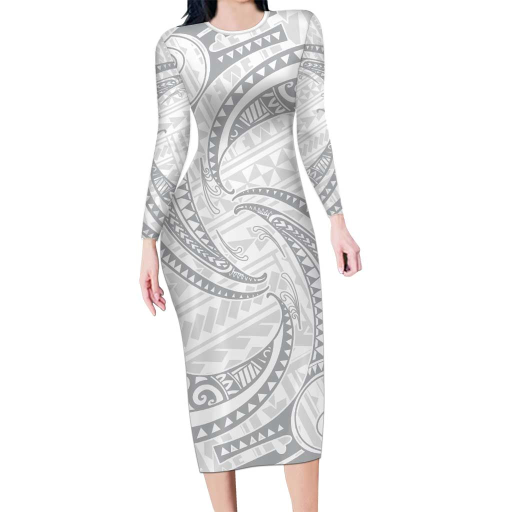 White Sunday Lotu Tamaiti Family Matching Long Sleeve Bodycon Dress and Hawaiian Shirt Polynesian Wave Pastel Gray LT9 Mom's Dress Gray - Polynesian Pride