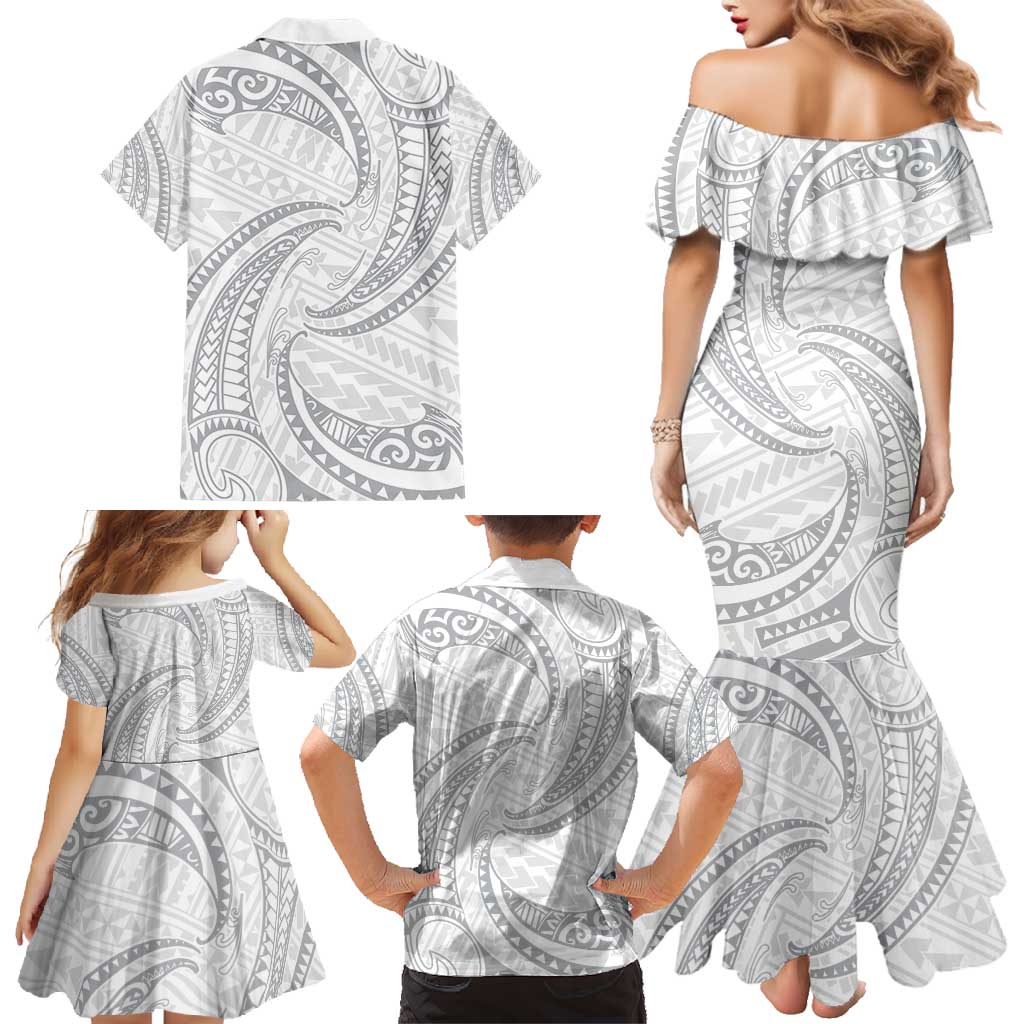 White Sunday Lotu Tamaiti Family Matching Mermaid Dress and Hawaiian Shirt Polynesian Wave Pastel Gray LT9 - Polynesian Pride