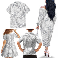 White Sunday Lotu Tamaiti Family Matching Off The Shoulder Long Sleeve Dress and Hawaiian Shirt Polynesian Wave Pastel Gray LT9 - Polynesian Pride