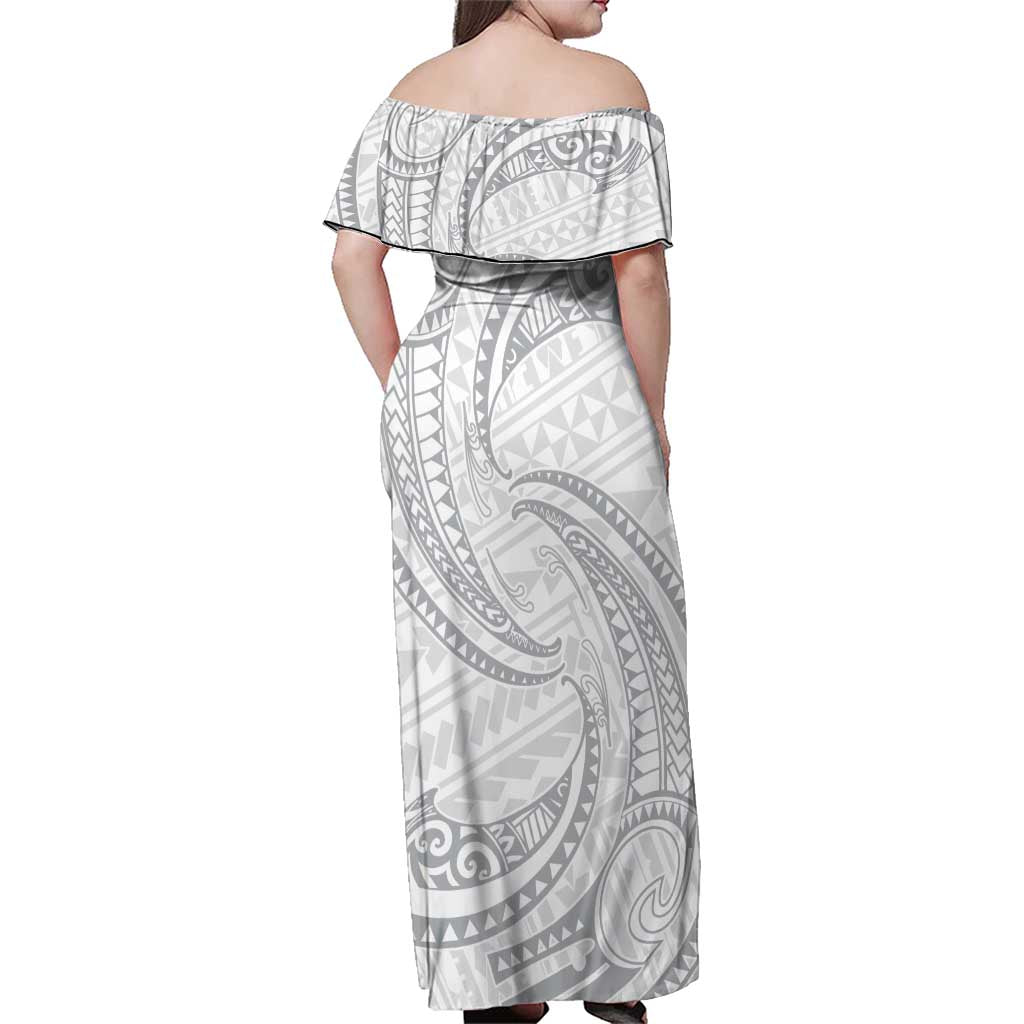 White Sunday Lotu Tamaiti Family Matching Off Shoulder Maxi Dress and Hawaiian Shirt Polynesian Wave Pastel Gray LT9 - Polynesian Pride