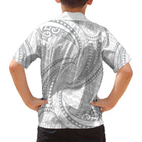 White Sunday Lotu Tamaiti Family Matching Off Shoulder Short Dress and Hawaiian Shirt Polynesian Wave Pastel Gray LT9 - Polynesian Pride