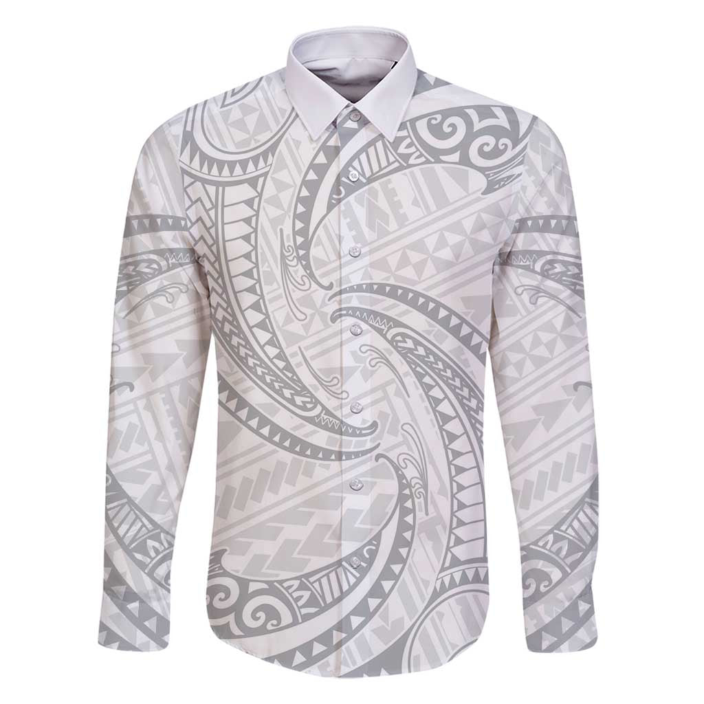White Sunday Lotu Tamaiti Family Matching Off Shoulder Short Dress and Hawaiian Shirt Polynesian Wave Pastel Gray LT9 Dad's Shirt - Long Sleeve Gray - Polynesian Pride