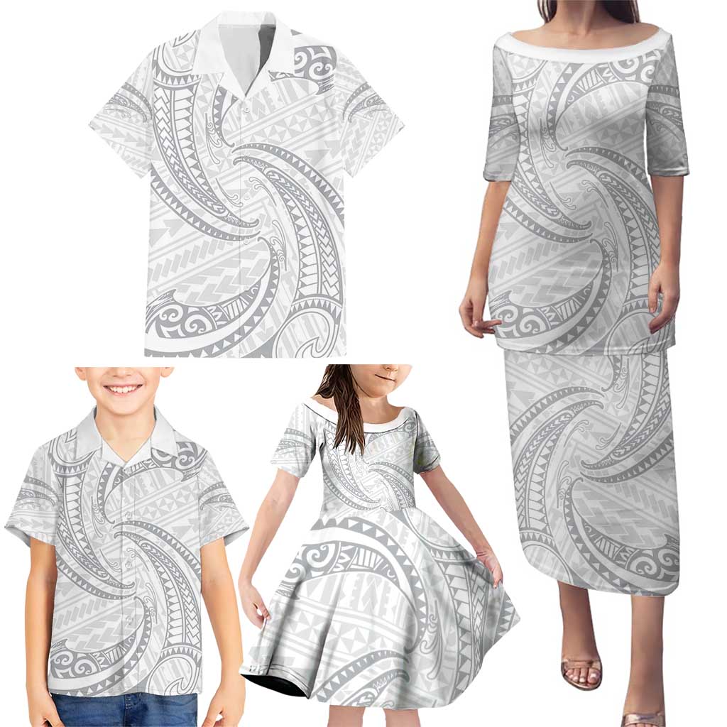 White Sunday Lotu Tamaiti Family Matching Puletasi and Hawaiian Shirt Polynesian Wave Pastel Gray LT9 - Polynesian Pride