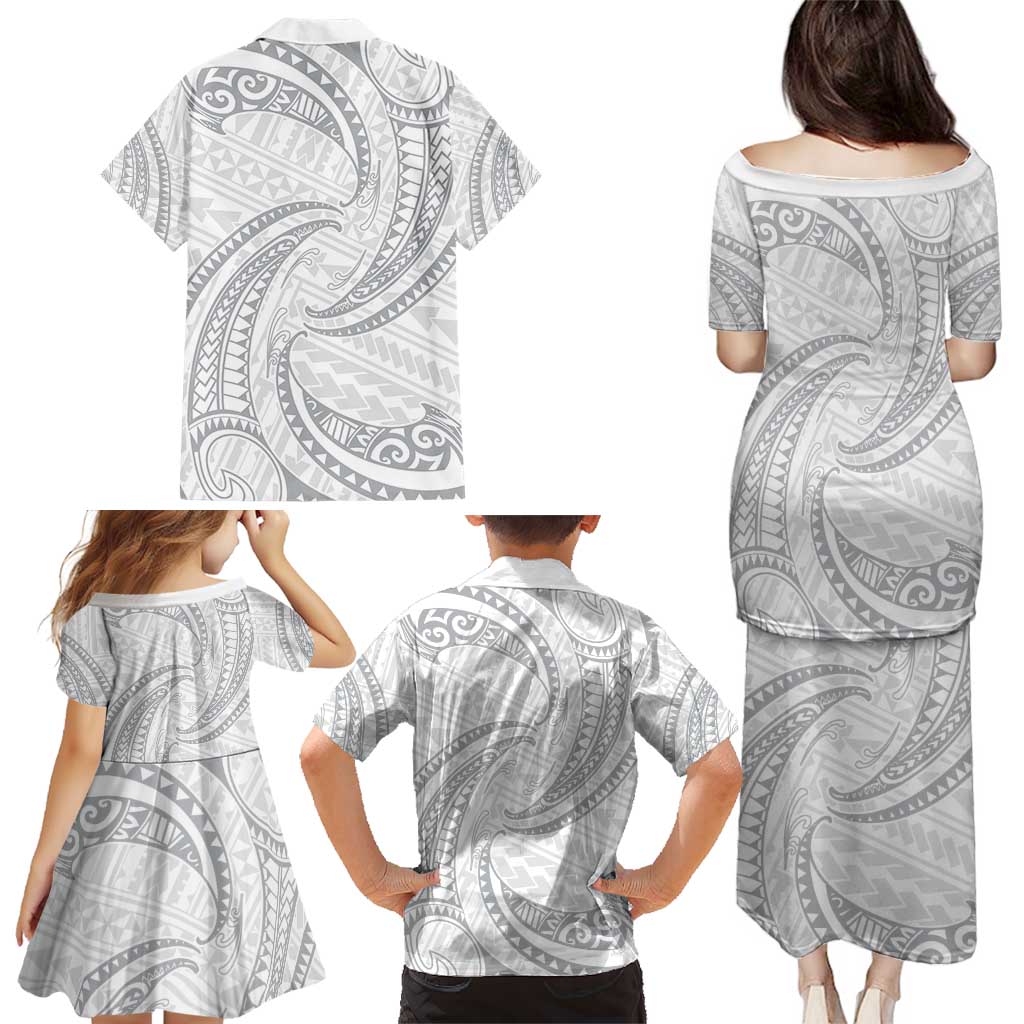 White Sunday Lotu Tamaiti Family Matching Puletasi and Hawaiian Shirt Polynesian Wave Pastel Gray LT9 - Polynesian Pride