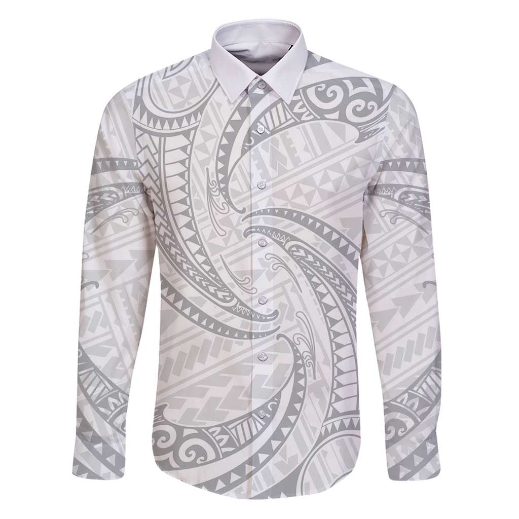 White Sunday Lotu Tamaiti Family Matching Puletasi and Hawaiian Shirt Polynesian Wave Pastel Gray LT9 Dad's Shirt - Long Sleeve Gray - Polynesian Pride