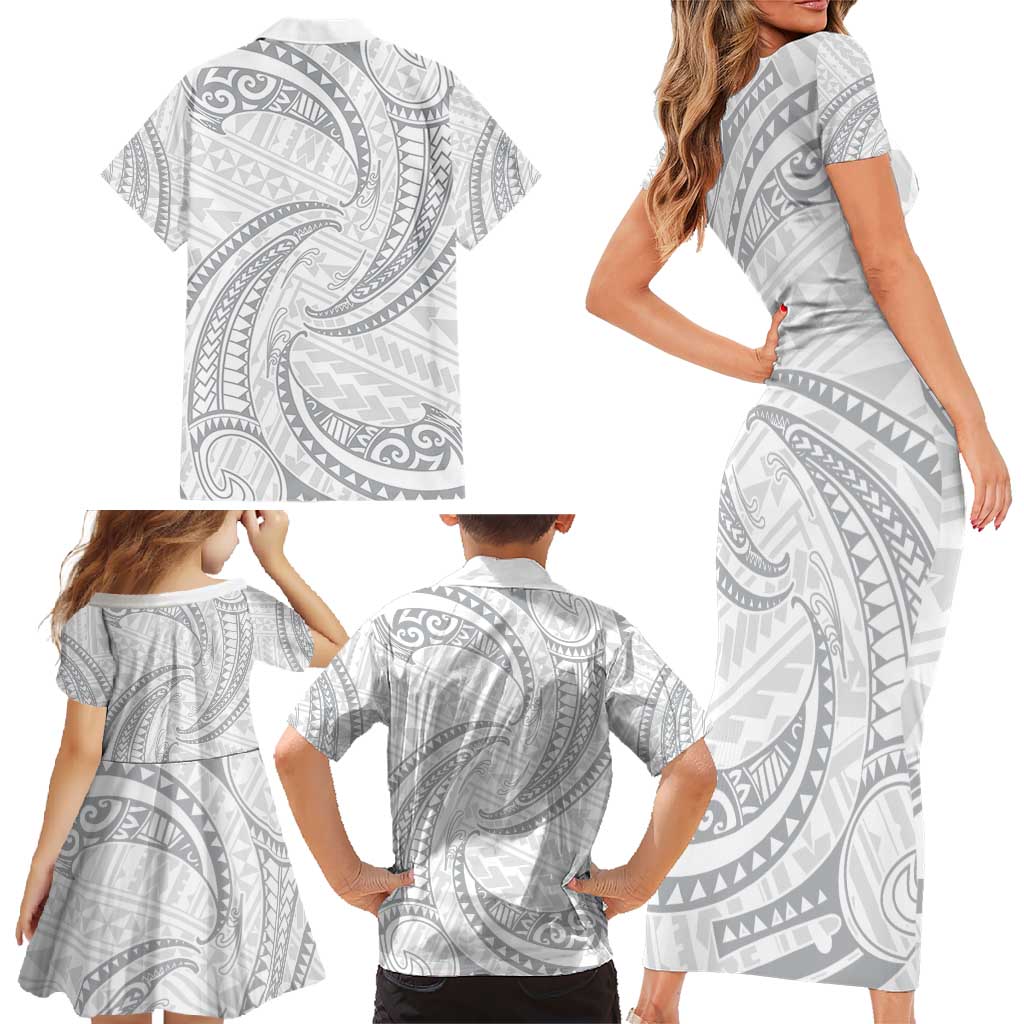 White Sunday Lotu Tamaiti Family Matching Short Sleeve Bodycon Dress and Hawaiian Shirt Polynesian Wave Pastel Gray LT9 - Polynesian Pride
