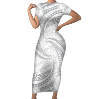 White Sunday Lotu Tamaiti Family Matching Short Sleeve Bodycon Dress and Hawaiian Shirt Polynesian Wave Pastel Gray LT9 Mom's Dress Gray - Polynesian Pride