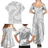White Sunday Lotu Tamaiti Family Matching Summer Maxi Dress and Hawaiian Shirt Polynesian Wave Pastel Gray LT9 - Polynesian Pride