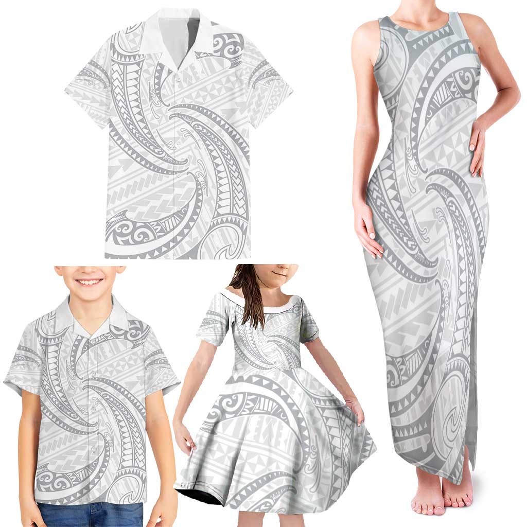 White Sunday Lotu Tamaiti Family Matching Tank Maxi Dress and Hawaiian Shirt Polynesian Wave Pastel Gray LT9 - Polynesian Pride