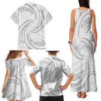 White Sunday Lotu Tamaiti Family Matching Tank Maxi Dress and Hawaiian Shirt Polynesian Wave Pastel Gray LT9 - Polynesian Pride