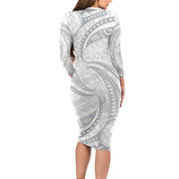 White Sunday Lotu Tamaiti Long Sleeve Bodycon Dress Polynesian Wave Pastel Gray - Polynesian Pride