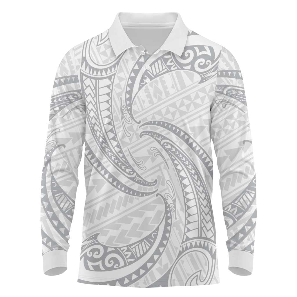 White Sunday Lotu Tamaiti Long Sleeve Polo Shirt Polynesian Wave Pastel Gray LT9 Gray - Polynesian Pride