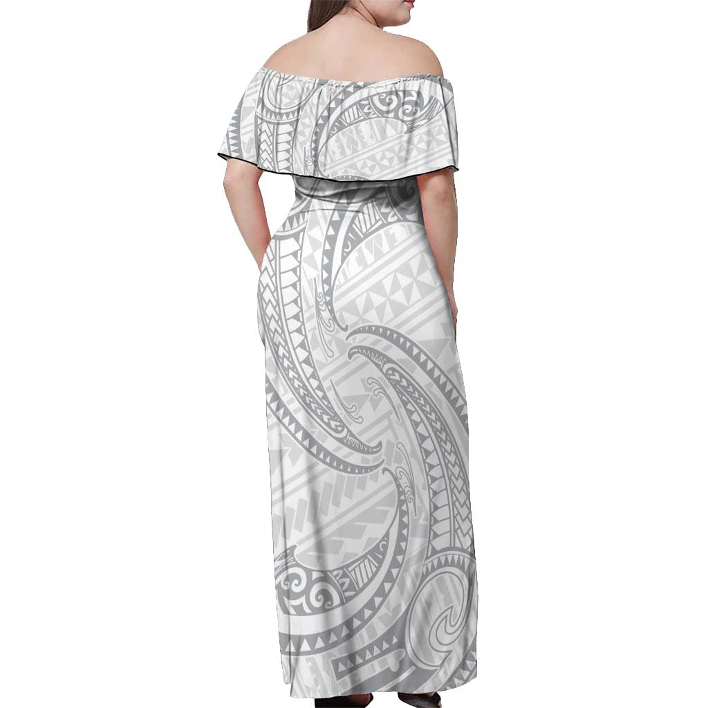 White Sunday Lotu Tamaiti Off Shoulder Maxi Dress Polynesian Wave Pastel Gray - Polynesian Pride