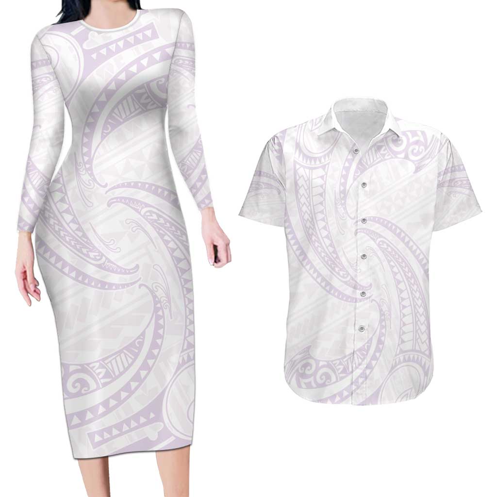 White Sunday Lotu Tamaiti Couples Matching Long Sleeve Bodycon Dress and Hawaiian Shirt Polynesian Wave Pastel Mauve LT9 Mauve - Polynesian Pride