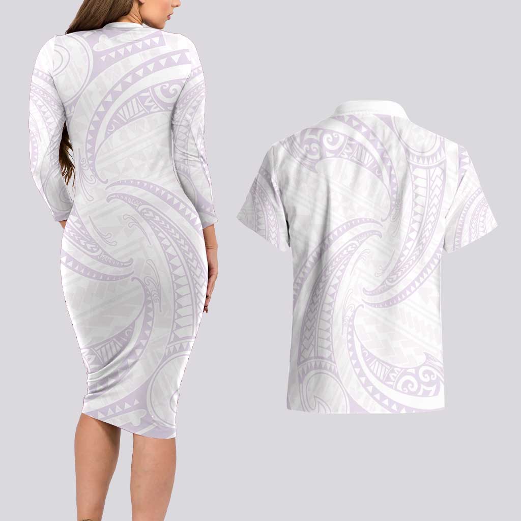 White Sunday Lotu Tamaiti Couples Matching Long Sleeve Bodycon Dress and Hawaiian Shirt Polynesian Wave Pastel Mauve LT9 - Polynesian Pride