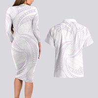 White Sunday Lotu Tamaiti Couples Matching Long Sleeve Bodycon Dress and Hawaiian Shirt Polynesian Wave Pastel Mauve LT9 - Polynesian Pride