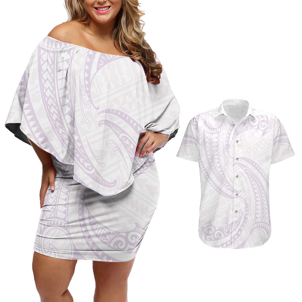 White Sunday Lotu Tamaiti Couples Matching Off Shoulder Short Dress and Hawaiian Shirt Polynesian Wave Pastel Mauve LT9 Mauve - Polynesian Pride