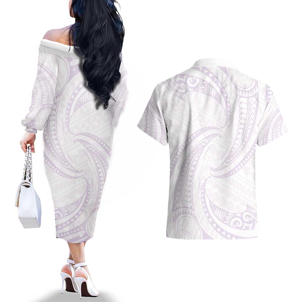 White Sunday Lotu Tamaiti Couples Matching Off The Shoulder Long Sleeve Dress and Hawaiian Shirt Polynesian Wave Pastel Mauve LT9 - Polynesian Pride